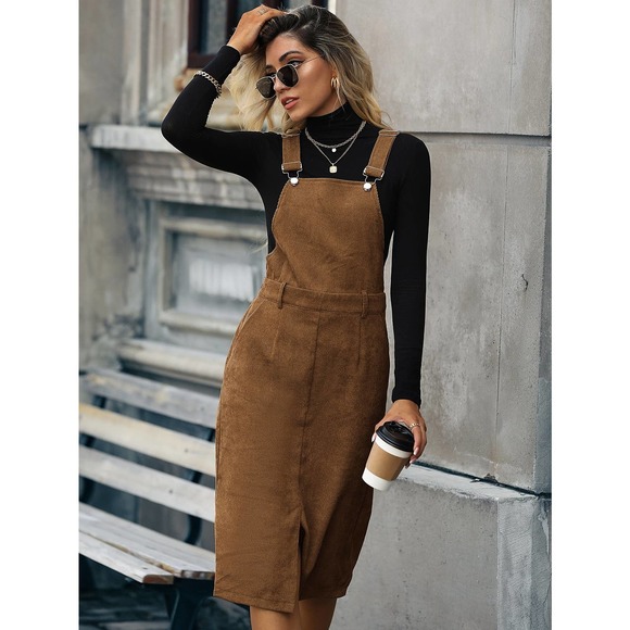 Slit Hem Corduroy Overall Dress (Without Sweater) black - Picture 11 of 12